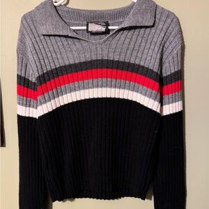 90s Gray and Black Striped Women's Sweater